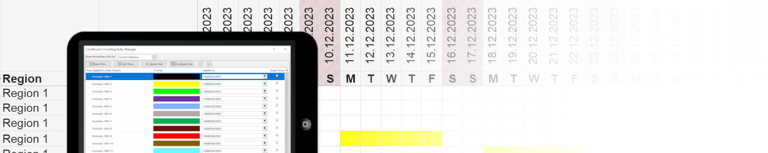 Illustration of an Excel calender built with conditional formatting