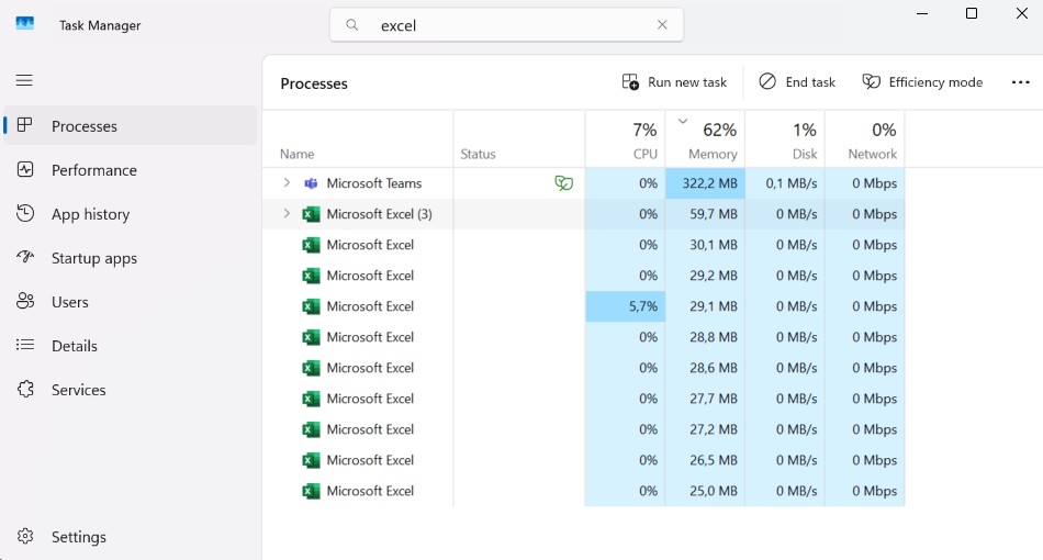 Screenshot of Task Manager showing 10 Excel processes running, with one displaying an open workbook and nine hidden instances from VBA.