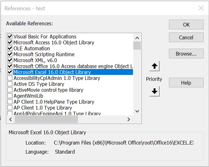 Access VBA References window with the Excel 16.0 Object Library checkbox selected.