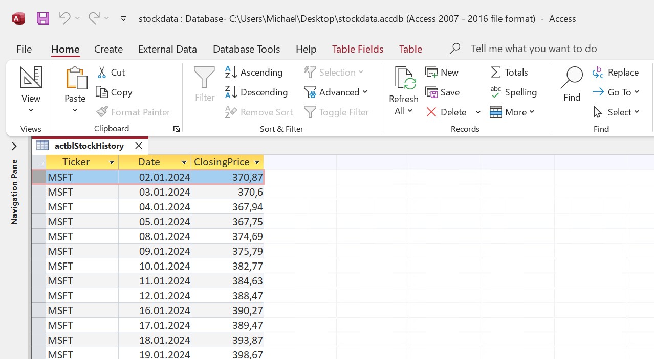 Screenshot of Microsoft Access showing the actblStockHistory table with historical stock data for MSFT.