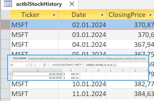 Excel functions in Access to facilitate use of STOCKHISTORY function