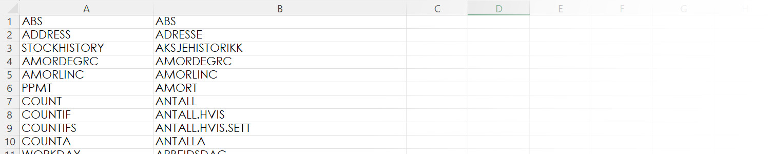 Illustration of a table that has english Excel functions on the left and their norwegian counterparts on the right side