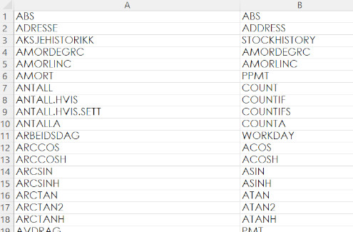 Illustrasjon av en Excel tabell med norsk og engelske funksjonsnavner